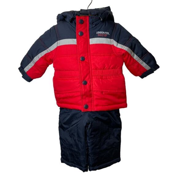 London Fog Red Black 2 Piece Snowsuit Hooded Jacket & Bib Baby Size 12M NWT - Picture 1 of 7